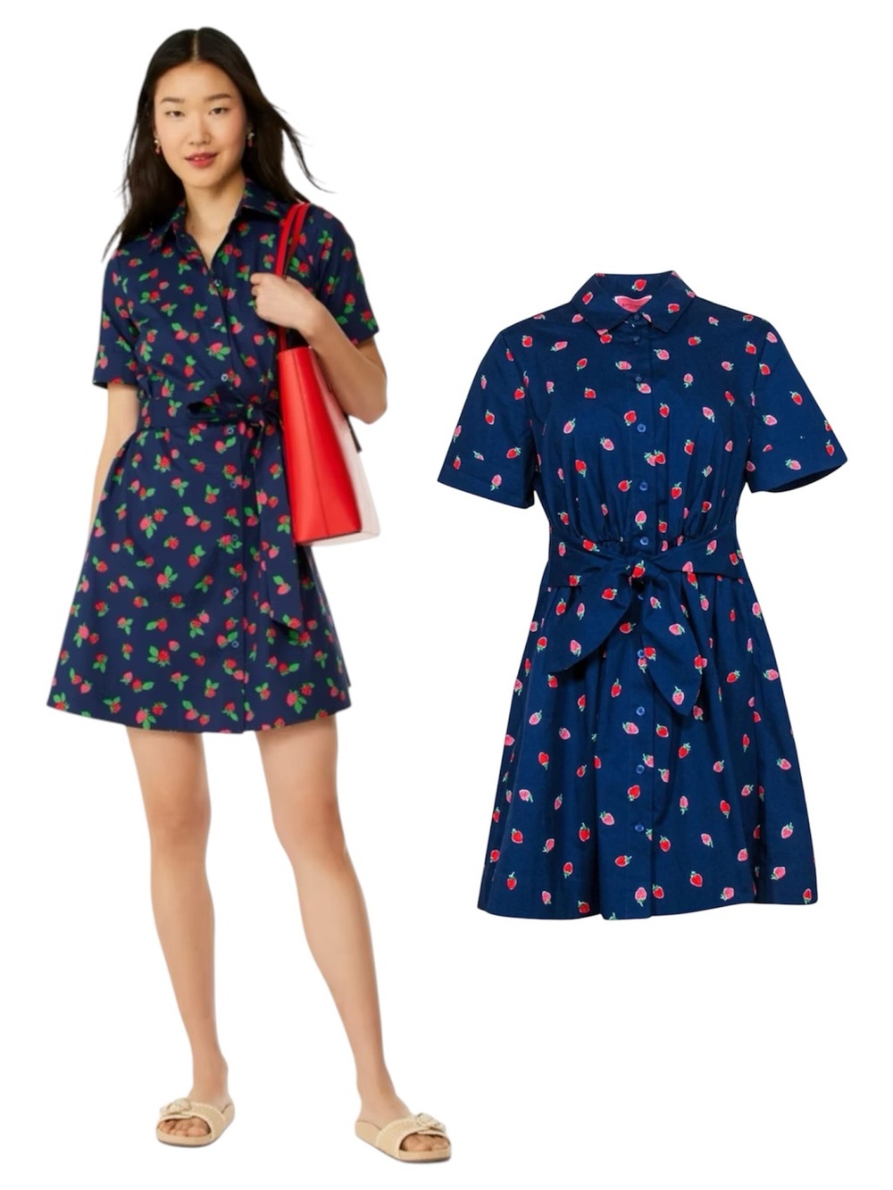 Kate Spade New York Navy Pocketed Wild Strawberry Tie Waist Mini Preppy Dress